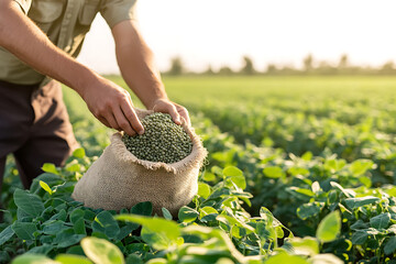 Harvesting the green peas in burlap sack from the field, healthy food, and farming concept, organic produce, local farming concept. Hands holding peas