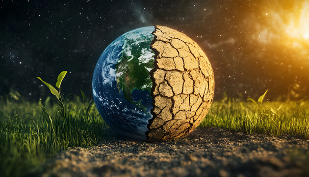 Visual of global challenges one half green, arid cracked earth. Environmental issues climate change, drought, global warming. Concept of sustainability, ecology, nature, earth, conservation