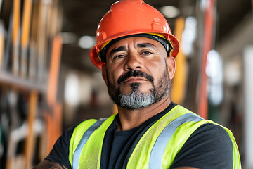 Confident construction worker, safety-conscious professional in protective gear, determined look, ready to tackle the day's challenges, labor force.