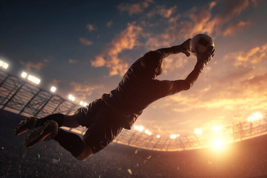 Goalkeeper dives to make an incredible save during a dramatic sunset match in a packed stadium