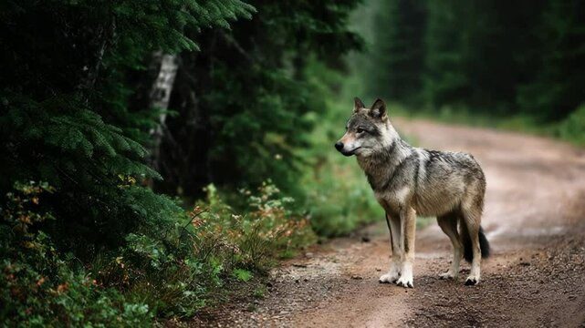 Majestic wolf stands alert on a forest path