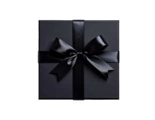 Elegant black gift box with satin ribbon and open lid isolated on transparent background
