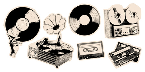 80's Retro audio collection grunge style. Vintage vinyl, cassettes, reel-to-reel recorder evoke classic nostalgia and timeless sound.