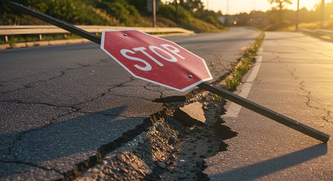 A bent stop sign leaning over pavement edge