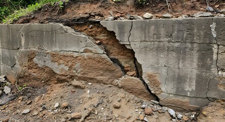 A fractured retaining wall exposing soil behind