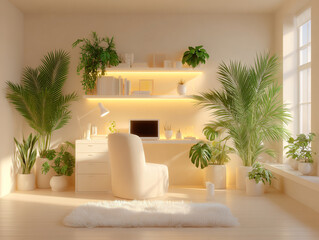 Fototapeta premium Warm and inviting home office with integrated backlit shelves, a laptop on the desk, and decorated with numerous green plants.