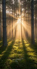 Fototapeta premium Sunbeams Illuminating Misty Forest Path A Serene Nature Photograph