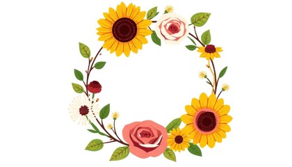 Naklejka premium Delicate floral wreath illustration featuring sunflowers and roses on white