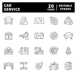 Car service vector icons. Auto service, car repair icon set. Car service and garage. Car service, garage, repair, station, vehicle, service related thin line icon collection. Editable stroke