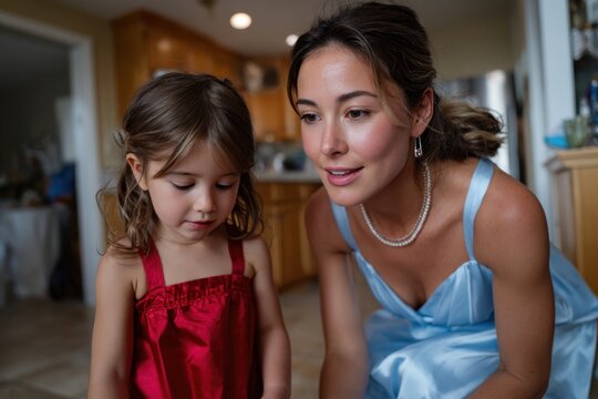 A mother and her daughter engage closely in a stylish environment, radiating affection and warmth, showcasing the beauty of familial bonds through a charming interaction.