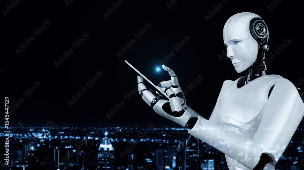Poster robot hominoid use mobile phone or tablet for global network connection using ai thinking brain , ar