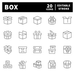 Box wrapped for gift vector outline icon set. Present and surprise packaging icons