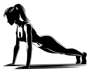 Black and white silhouette of a girl doing a plank exercise for a beautiful abs on a white isolated background. Vector graphics. EPS.