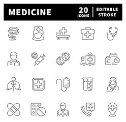 Medicine healthcare vector outline icon set. Medical treatment and hospital icons