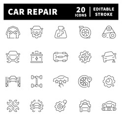 Car repair thin line icon collection. Car service, garage, repair, station, vehicle, service related icon set.