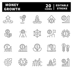 Financial profit icons in line style. Money income growth vector icons. Money, savings, finance, growth, investment, payment, earnings, income icons