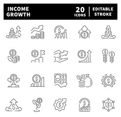 Financial profit icons in line style. Money income vector icons. Money savings, finance, growth, investment, payment, earnings, income icons