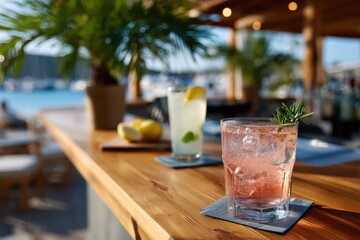 Two refreshing cocktails set by a beautiful marina backdrop, inviting you to enjoy the summer vibe with friends and savor relaxing moments in a scenic outdoor environment.
