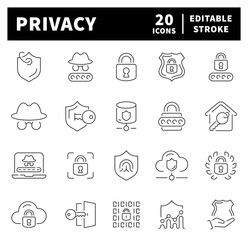 Privacy thin line icon collection. Privacy vector icons. Security icon set. Secured, encryption, safety, insurance, data protection, detector, sensor, locked, password, cybersecurity, privacy icons
