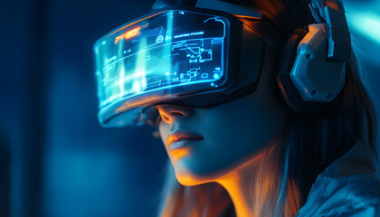 Futuristic female call center agent wearing glowing headset smart glasses. Woman uses virtual reality technology to work with data and customer service