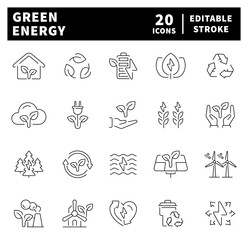 Green energy thin line icons collection. Renewable energy, ecology, electricity, recycling, eco, environment.