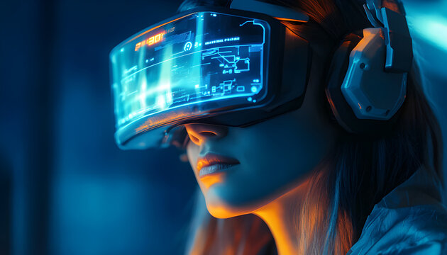 Futuristic female call center agent wearing glowing headset smart glasses. Woman uses virtual reality technology to work with data and customer service