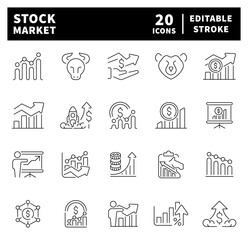 Stock market vector icon set. Stocks, stock exchange, financial goal, shares, investment, bull market, bear market, investment 