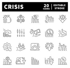 Economic crisis thin line icons set. Decrease, layoff, job fired, pay cuts, low cost, crisis related icons