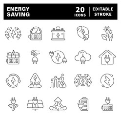 Energy savings icons set in line style. Energy, power, save, electric, electricity related icons