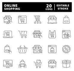 Set of thin line icons related to online shopping.  E-Commerce, Shop, Online Shopping, store, customer, buy, order, purchase, shopping icons
