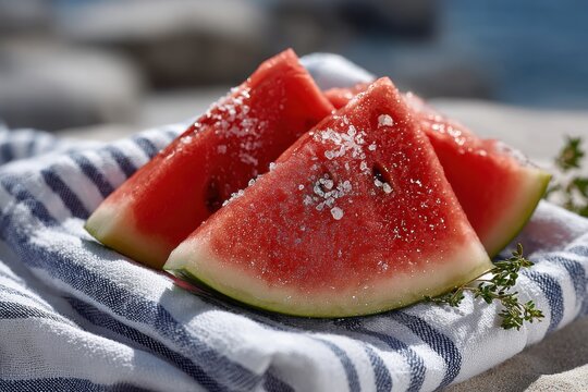 Fresh watermelon slices sprinkled with salt are beautifully arranged on a cloth, embodying the essence of summer refreshment and healthy eating by the beach.