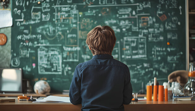 Student stands before blackboard filled with mathematical formulas. Boy studying science, physics or mathematic lessons in classroom