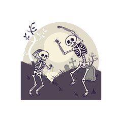 Obraz premium Skeletons in Haunted Graveyard – Spooky Halloween Cartoon Illustration with Fun Skeleton Party Scene