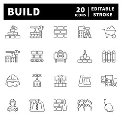 Building web icons in line style. Thin line icons set related to building and construction. Collection of build related outline icons