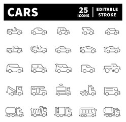 Car shapes vector icons in line style. Thin line icons related to vehicles and cars. Car body shapes 