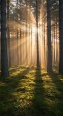 Fototapeta premium Sunbeams Illuminate Misty Forest Path Magical Sunrise Photography