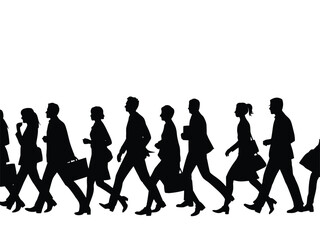 Silhouette of a set of business people walking, a group of business people of men and women walking. group of business people