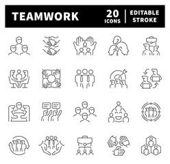 Teamwork vector icons in line style. Thin line icons related to teamwork and partnership