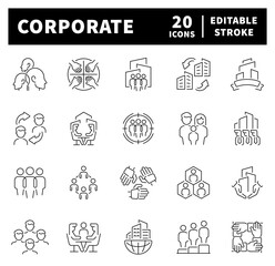 Corporate vector icons in line style. Thin line icons related to teamwork and partnership