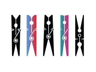 Black silhouette of different clothespins, black and color vector illustration