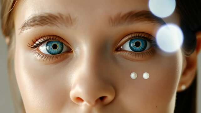 Close-up of Woman's Eyes with Eye Cream: A detailed close-up shot focusing on a young woman's radiant eyes and flawless skin.  Two small dabs of eye cream are subtly visible under her eyes.