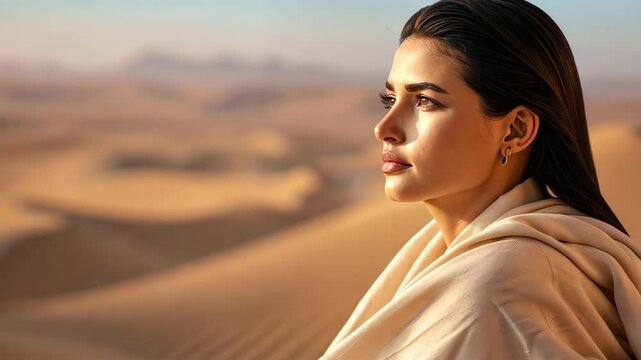 Desert Serenity: A portrait of a woman in the desert, with an expression of serene contemplation against the backdrop of sand dunes, the image encapsulates quiet reflection and connection with nature.