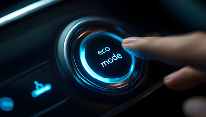 Hand presses Eco Mode button in electric vehicle. Concept of energy conservation, reducing emissions. Energy saving, environment protection, eco-friendly driving