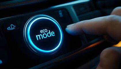 Hand presses Eco Mode button in electric vehicle. Concept of energy conservation, reducing emissions. Energy saving, environment protection, eco-friendly driving