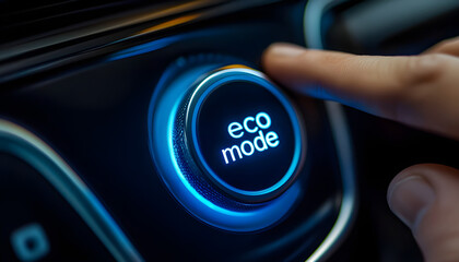 Hand presses Eco Mode button in electric vehicle. Concept of energy conservation, reducing emissions. Energy saving, environment protection, eco-friendly driving