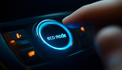 Hand presses Eco Mode button in electric vehicle. Concept of energy conservation, reducing emissions. Energy saving, environment protection, eco-friendly driving
