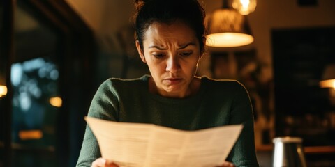 A woman reading an important document shows a concerned expression, reflecting her serious thoughts