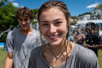 A smiling girl presents a joyful expression in a playful water scene, portraying the essence of fun, friendship, and carefree moments in a vibrant summer atmosphere.