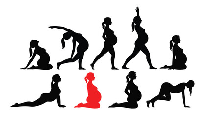 Pregnant women practicing yoga Vector template silhouettes, set of pregnant women exercising