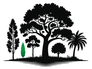 Silhouette tree collection variety of tree types forest evergreen trees. palm trees silhouette
